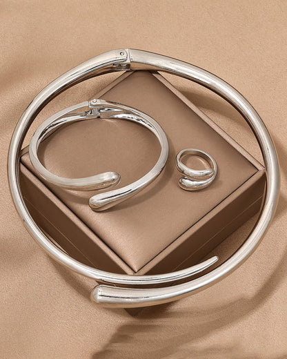 Fashionable and simple heavy metal temperament geometric ring smooth female collar bracelet ring jewelry three-piece set