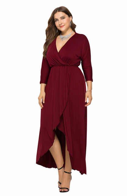 Plus Size Deep V Dress - Three Quarter Sleeve Knit Dress
