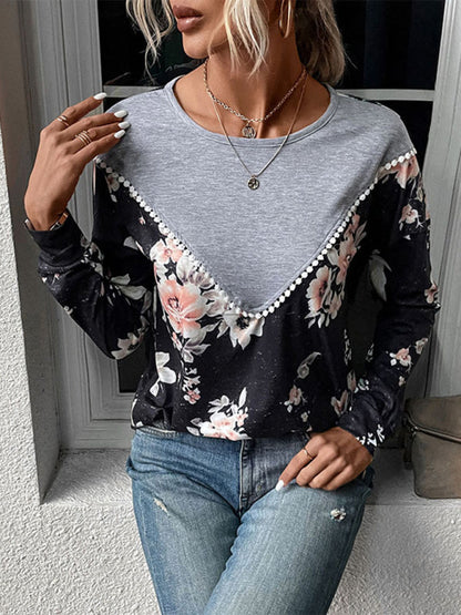 Modern women's long-sleeved color block sweater thin sweater T-shirt