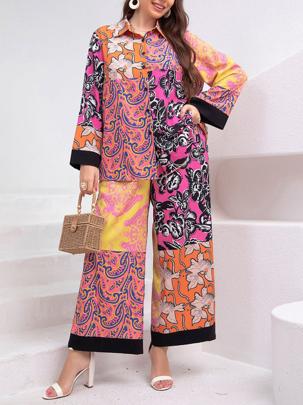 Modern plus size women's loose retro floral shirt suit