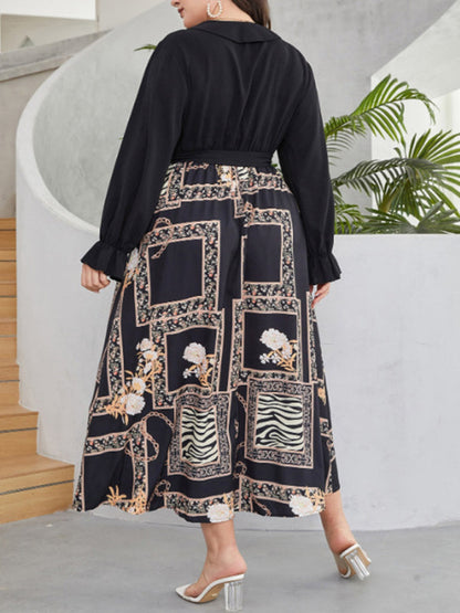 Modern style plus size women's temperament age reduction simple tie print dress