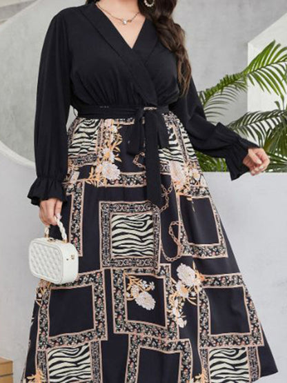 Modern style plus size women's temperament age reduction simple tie print dress