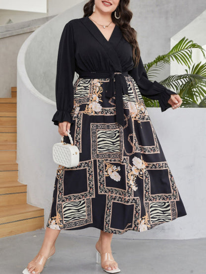 Modern style plus size women's temperament age reduction simple tie print dress