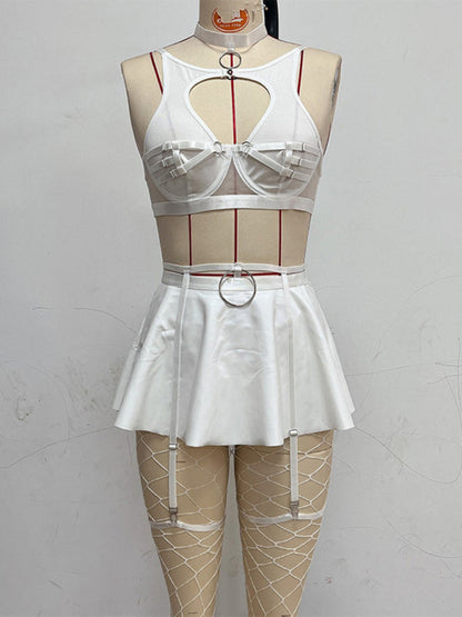 Modern cute mesh sexy bra cosplay leather uniform sexy bra set (including fishnet stockings)