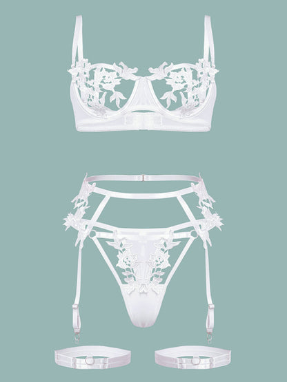Women's Modern Sexy Embroidered Flower Hollow Webbing Underwire Lingerie Set