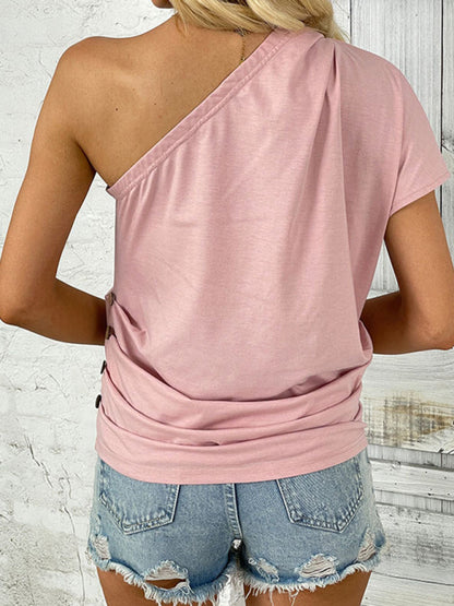 Modern pink off-shoulder one-shoulder casual top