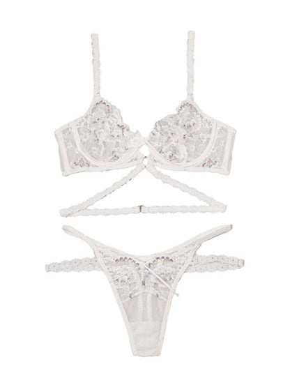 Women's Modern Sexy Flower Embroidered Lingerie Set Lace Thong Bra Three-Piece Set with Underwire