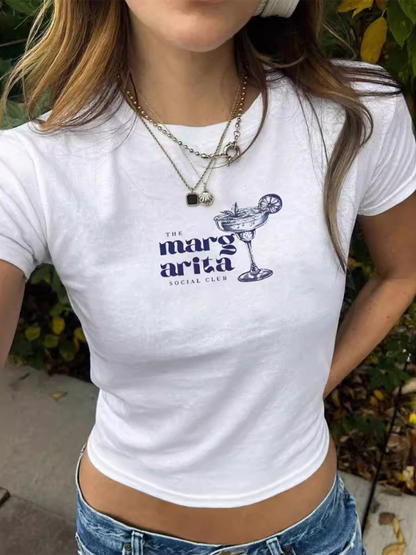 Wine Glass Print Baby Tee - Crop Top Short Sleeve T-Shirt