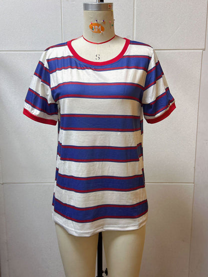 Women's round neck colorful patchwork large striped loose T-shirt