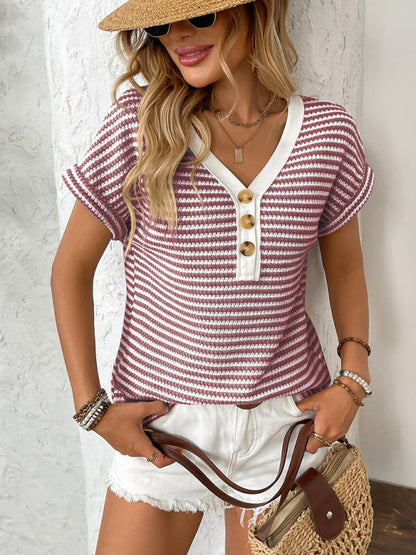 Modern arrival ladies' knitted V-neck button-down short sleeves