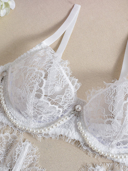 Sexy Bra Handmade Pearl Removable Fishbone Waist Eyelash Lace Bra Set
