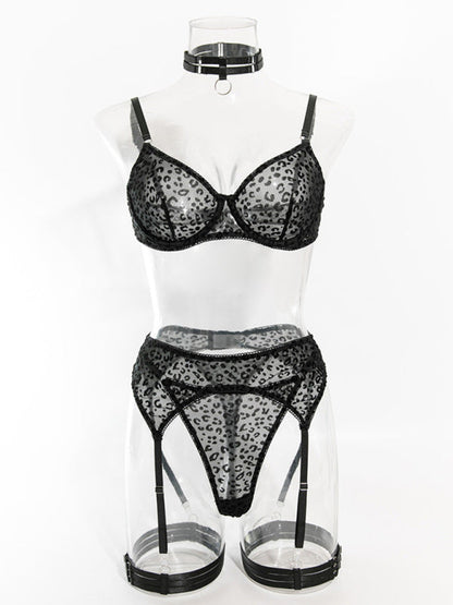 Women's Leopard Print Transparent Mesh Suspenders Sexy Underwear Set