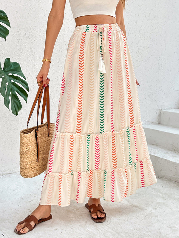 Contrast color print skirt elastic bohemian patchwork skirt