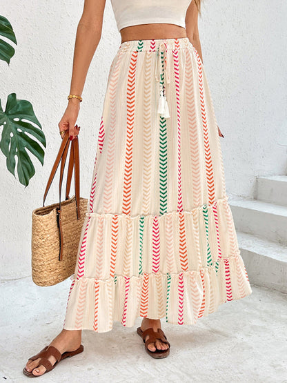 Contrast color print skirt elastic bohemian patchwork skirt