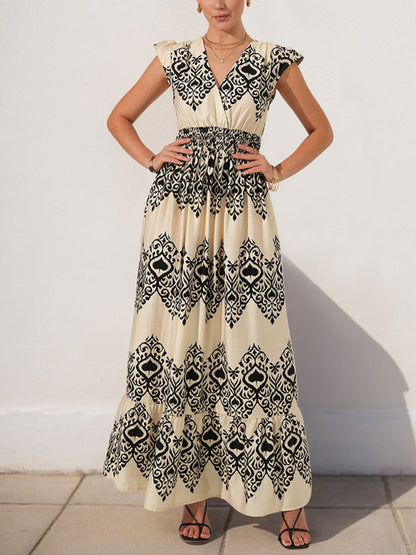 Modern style holiday style printed dress ethnic casual V-neck high waist flying sleeve long dress