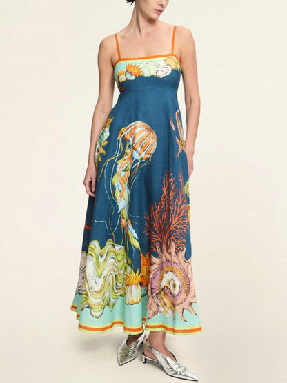Modern holiday swing graffiti cotton and linen sleeveless suspender dress