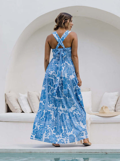 Blue floral print bohemian holiday beach dress loose suspender dress