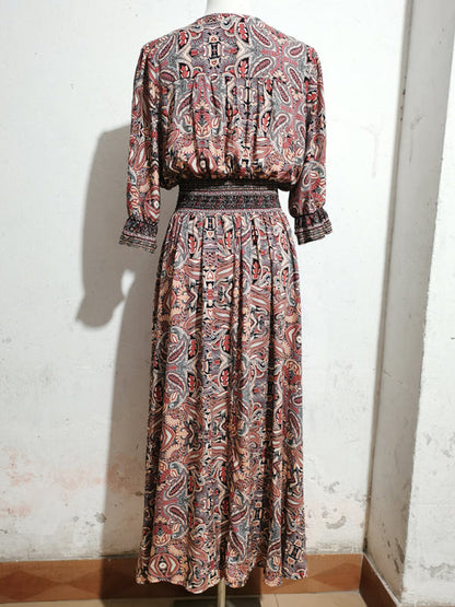 Three-quarter sleeve waisted Bohemian casual holiday beach dress