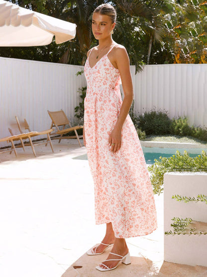 Modern V-neck waist holiday long dress sexy backless bow tie dress