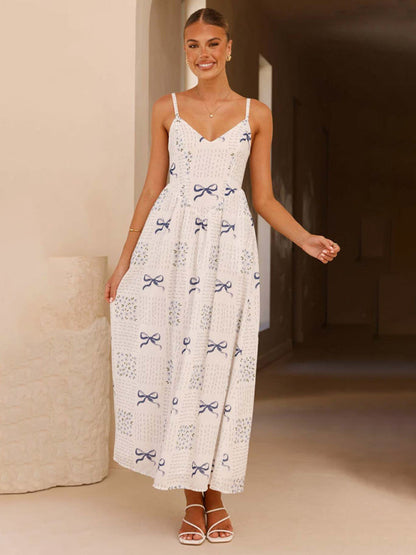 Modern V-neck waist holiday backless bow print dress