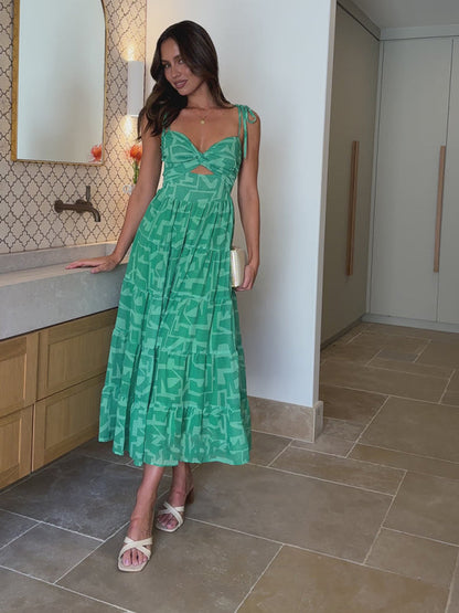 Green graphic print seaside vacation sexy hot girl suspender dress