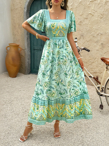 Holiday Chartreuse Floral Print A-Line Maxi Dress