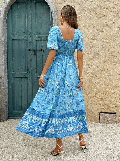 Holiday Light Blue Floral Print A-Line Maxi Dress