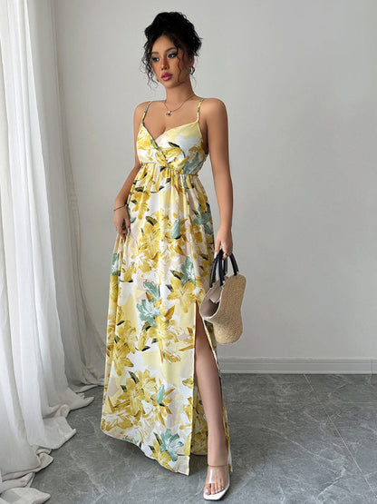Fashionable and elegant suspender printed long dress