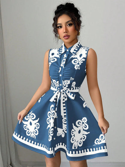 Women's Fashion Printed Waist Tie Sleeveless Dress