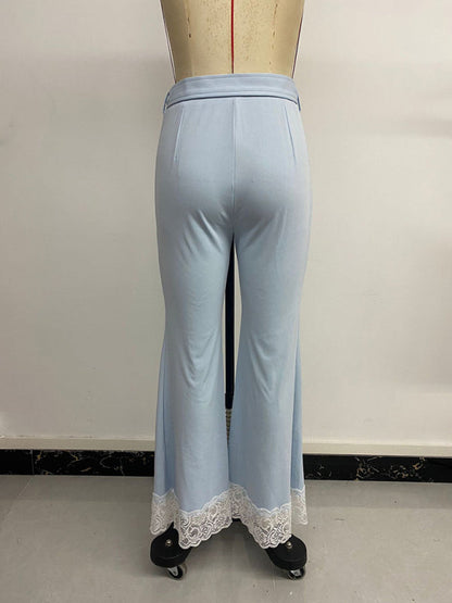 High Waist Lace Flared Pants with Belt - Elegant Wide Leg Trousers