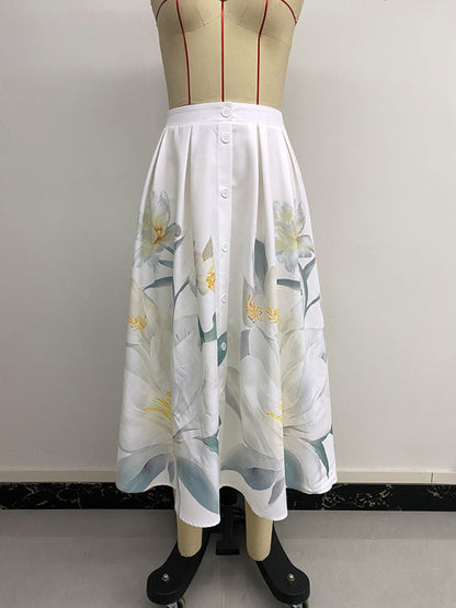 Floral Button Decorated Holiday Dress - Casual Printed Skirt Dress