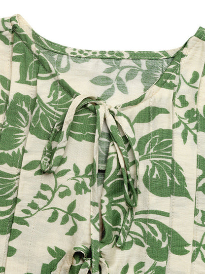 Printed Pleated Lace-Up Sleeveless Shirt