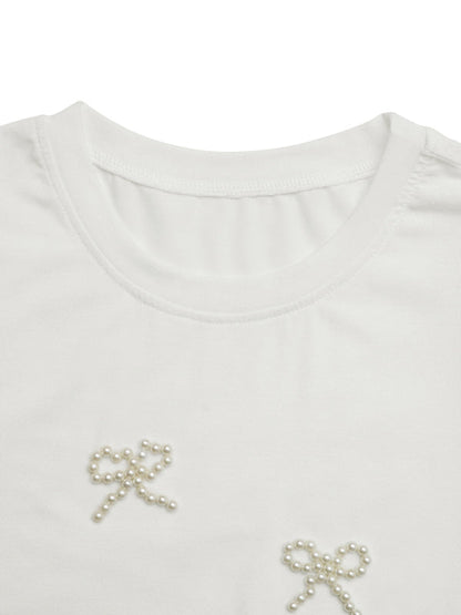 Casual Bowknot Round Neck Pullover Beaded Puff Sleeve T-shirt
