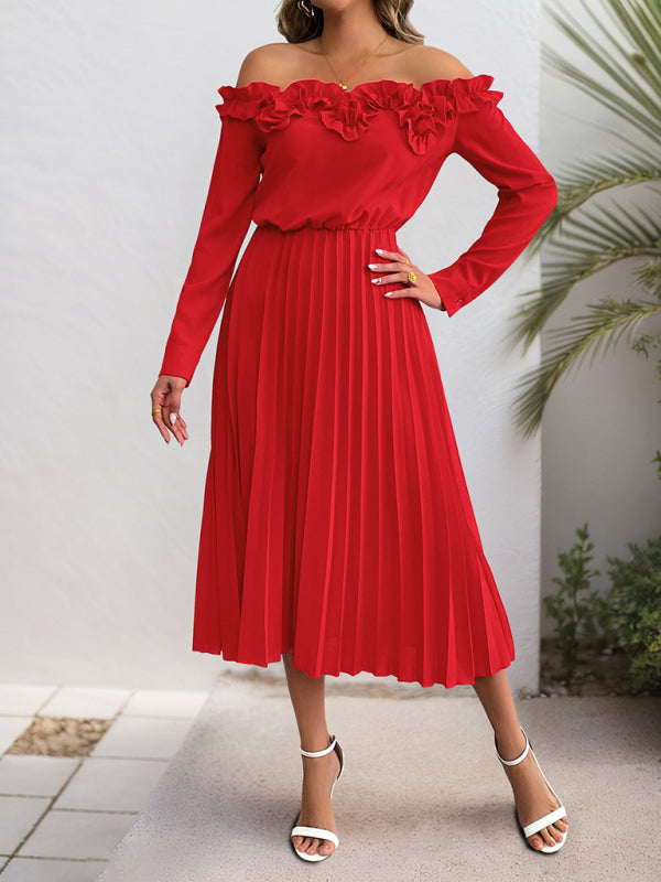 Party elegant sweet style one shoulder long sleeve solid color women's dress