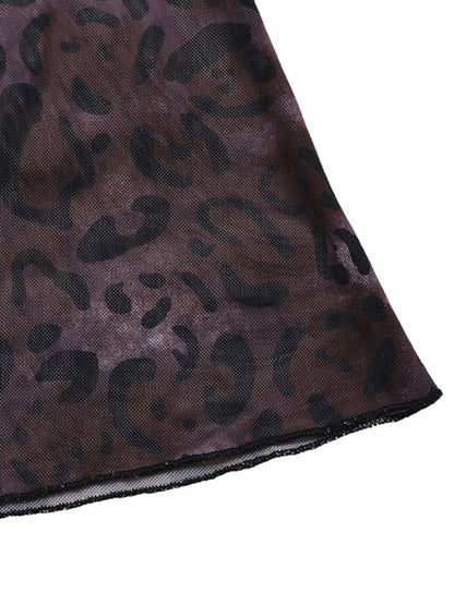 Modern Party Elegant Retro Style Off-shoulder Long Sleeve Mesh Leopard Print Dress