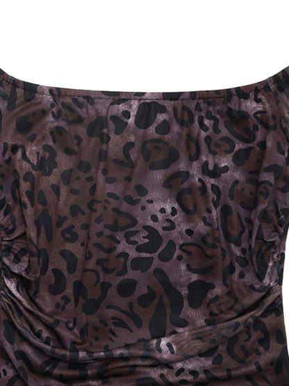 Modern Party Elegant Retro Style Off-shoulder Long Sleeve Mesh Leopard Print Dress