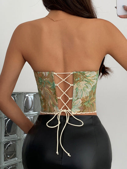 Floral Print Herringbone Vest - Lace-Up Retro Top