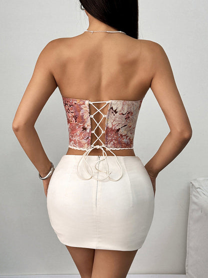 Pink Floral Print Lace-Up Fishbone Vest - Retro Street Style