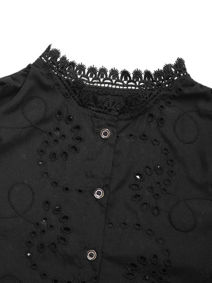 Lace Patchwork Shirt - Long Sleeve Solid Color Top