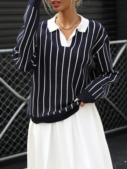 Striped Knit Sweater - Round Neck Polyester Pullover for Women