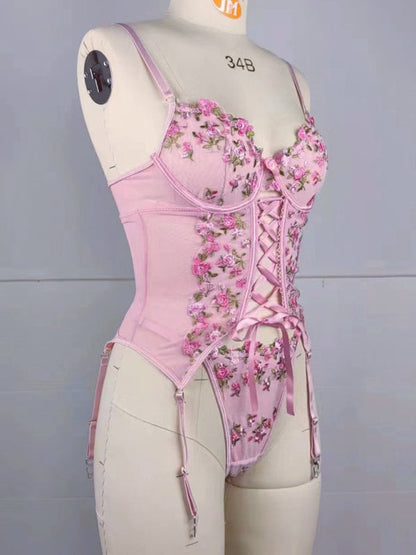 Embroidered flower playful waist strap sexy pink erotic lingerie set