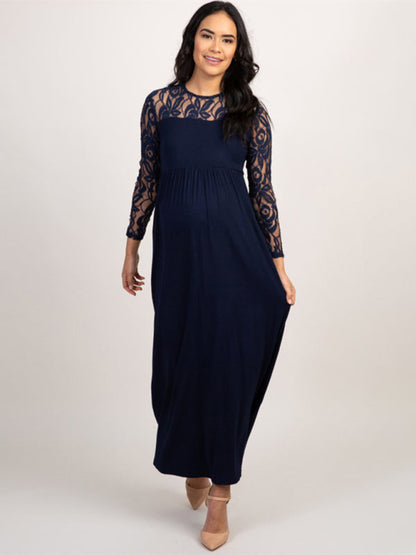 Maternity Lace Dress - Long Sleeve Round Neck Solid Color