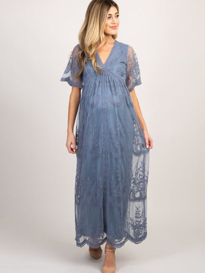 Maternity Lace Dress - Short Sleeve V-Neck High Waist Dress