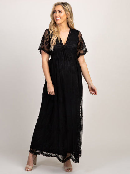 Maternity Lace Dress - Short Sleeve V-Neck High Waist Dress