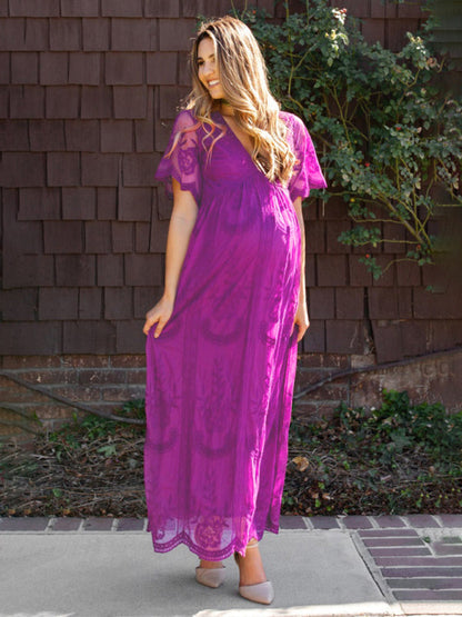 Maternity Lace Dress - Short Sleeve V-Neck High Waist Dress