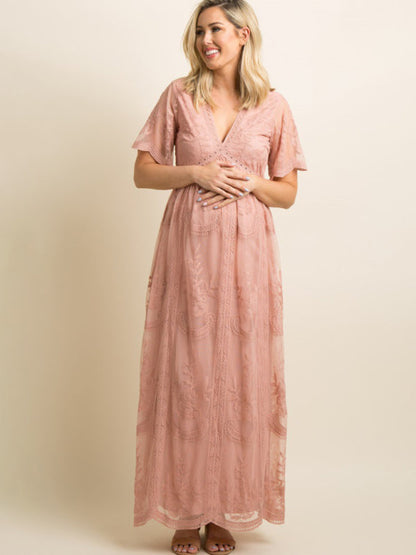 Maternity Lace Dress - Short Sleeve V-Neck High Waist Dress