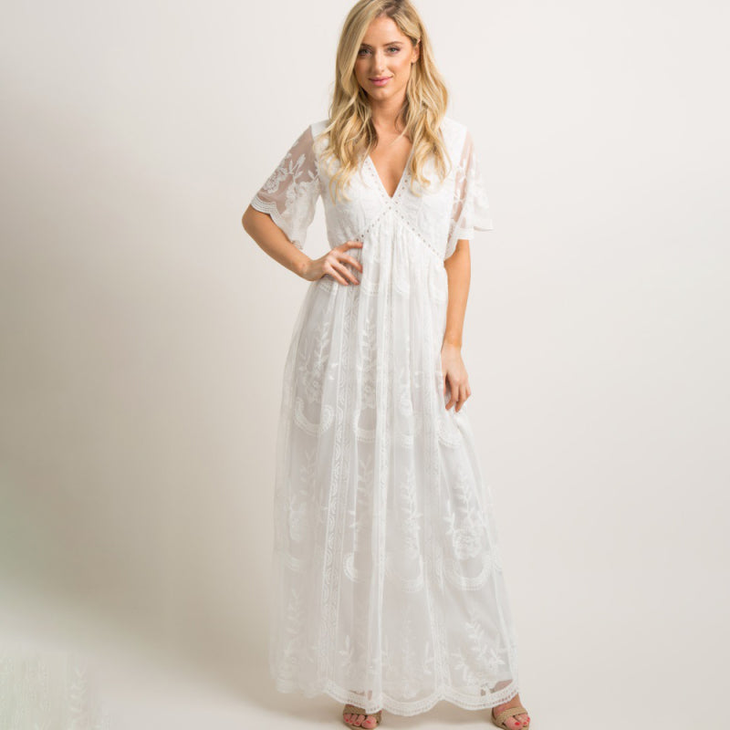 Maternity Lace Dress - Short Sleeve V-Neck High Waist Dress