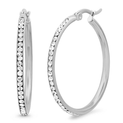Ladies Stainless Steel And Simulated Diamonds Hoop Earrings