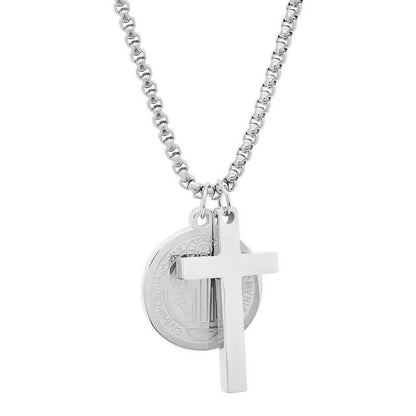 Men Stainless Steel Saint Benedict and Cross Charm with Prayer Gift Box